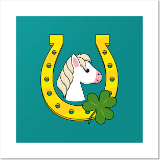 Cute White Horse with Golden Horse Shoe and Shamrock Posters and Art